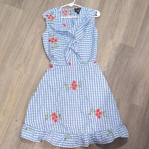 Monteau Kids Dress with Blue Stripes and Red Floral Accents